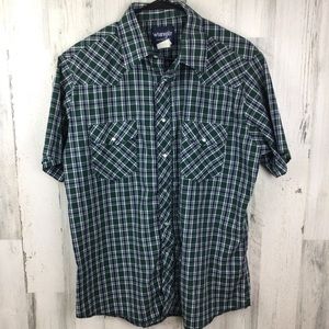 Vintage Wrangler Western Style Shirt Mens Pearl Snap Cowboy Cut Green Plaid L